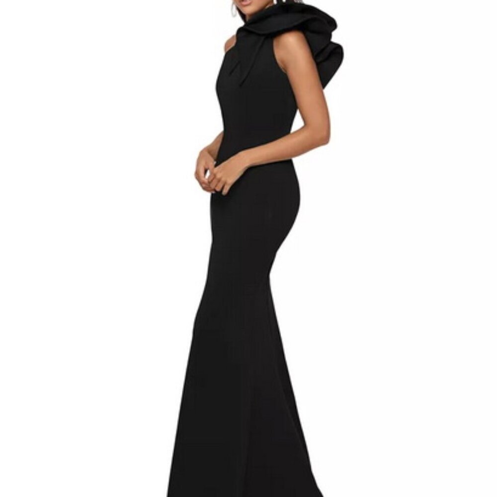 Betsy & Adam Black Ruffle One-Shoulder Trumpet Gown